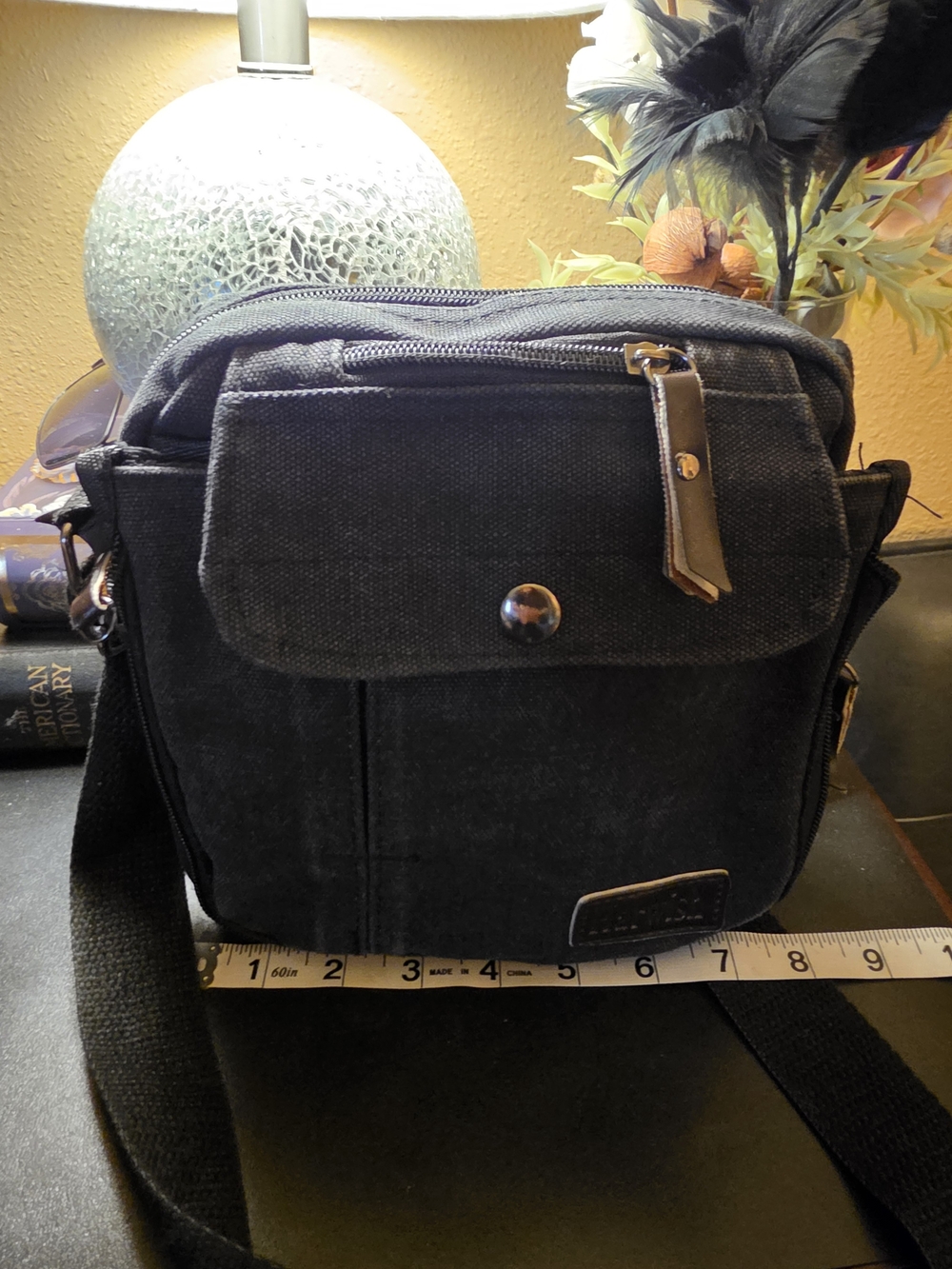 Compact Black Canvas Crossbody Bag with Front Flap
